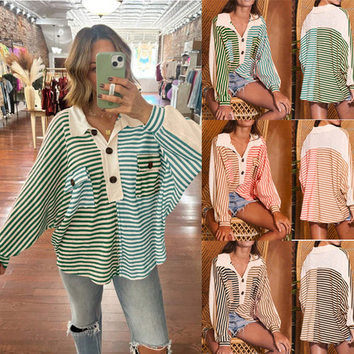 Damen Oversize-Hemdbluse mit kontrastrevers, Streifenmuster und Volumenärmeln Echo Archiv