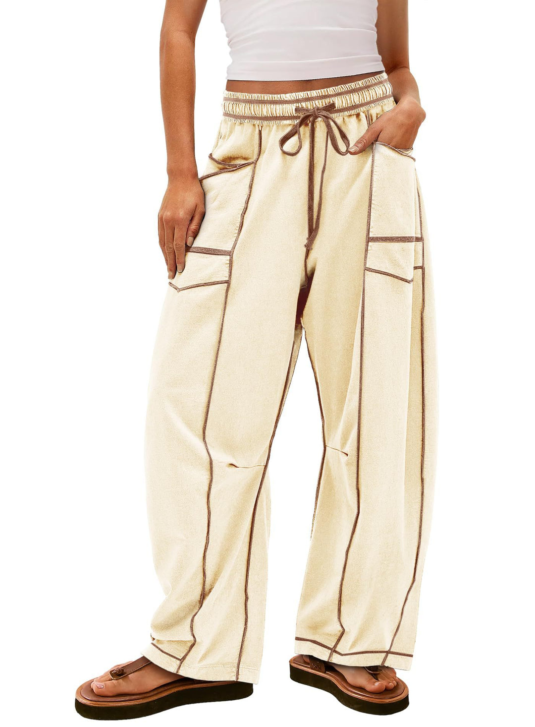 Damen weite Cargo-Loungehose mit elastischem Bund und Kontrastnähten – Avérine