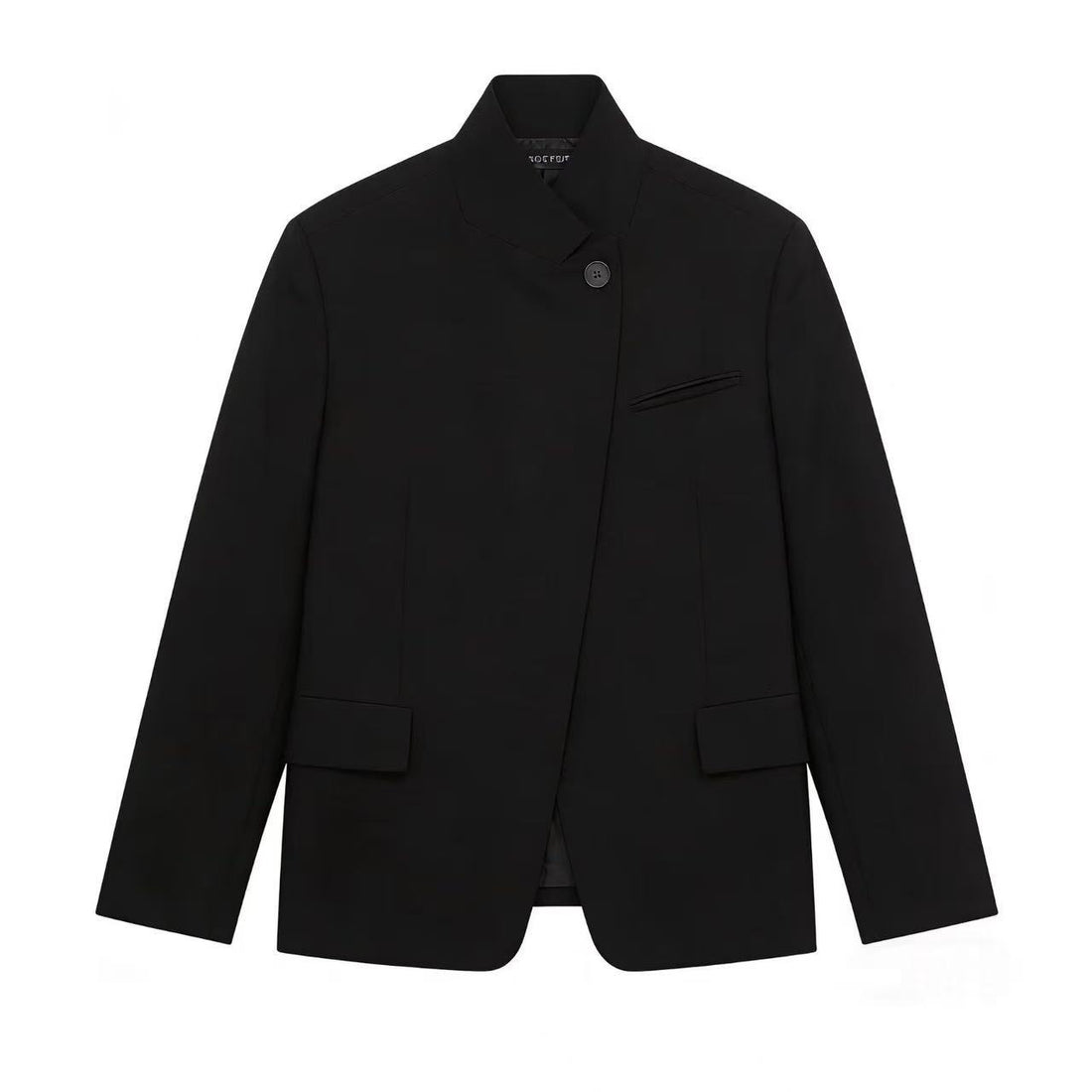 Damen Kurzblazer mit Stehkragen, asymmetrischer Knopfblende und Pattentaschen Echoarchiv