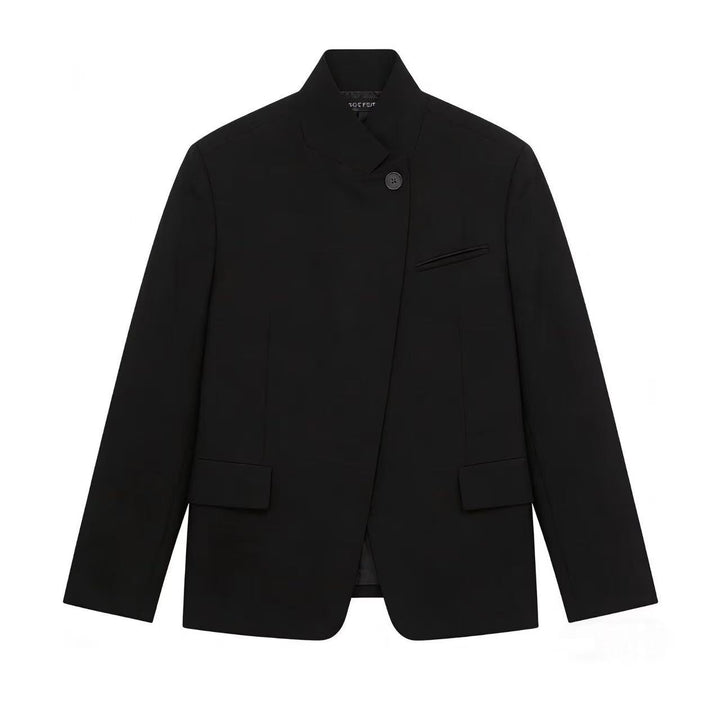 Damen Kurzblazer mit Stehkragen, asymmetrischer Knopfblende und Pattentaschen Echoarchiv