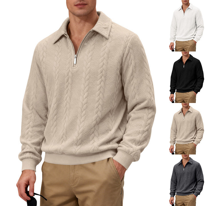 Herren nan strukturierter Strickpullover mit halbem Reißverschluss, Polokragen und Zopfmuster Echo Archiv