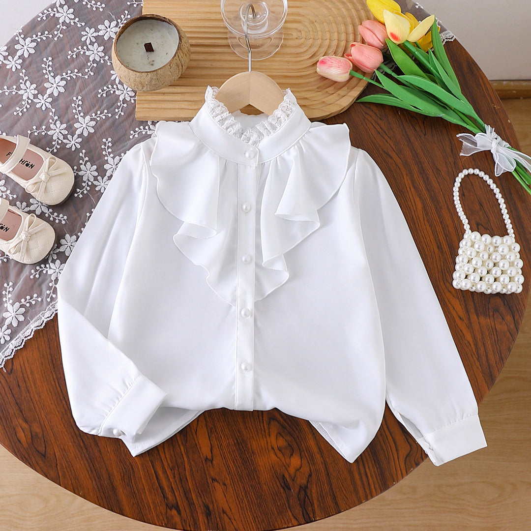 Mädchen elegante Rüschenbluse mit Kragen und dazu passendem Faltenrock Echo Archiv