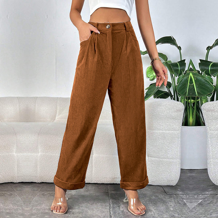 Damen hochgeschnittene Cordhose mit weitem Bein, Bundfalten und umgeschlagenem Saum – Avélisse