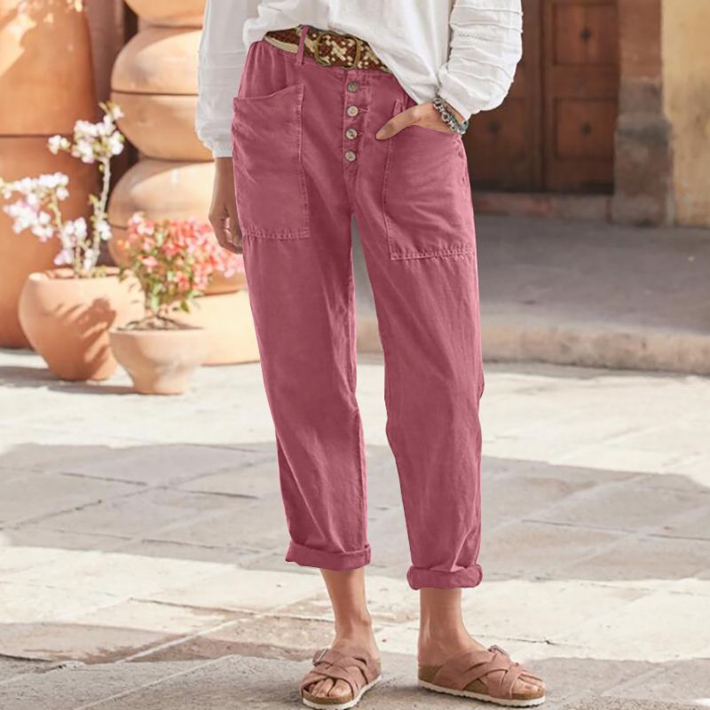 Damen nan Leinen-Baumwoll-Loungehose mit weitem Schnitt, hoher Bund und aufgesetzten Taschen Echo Archiv