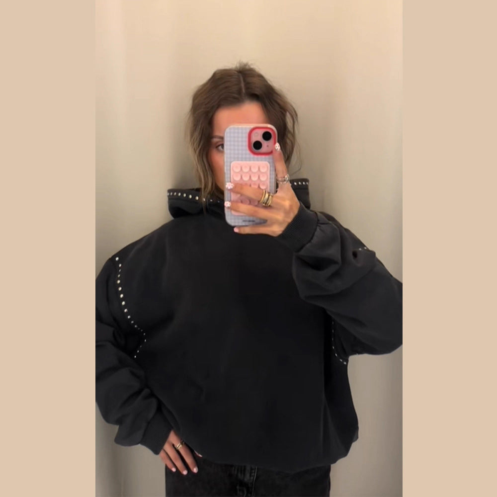 Damen Oversized Kapuzenpullover mit Nietenbesatz und Ballonärmeln Echo Archiv