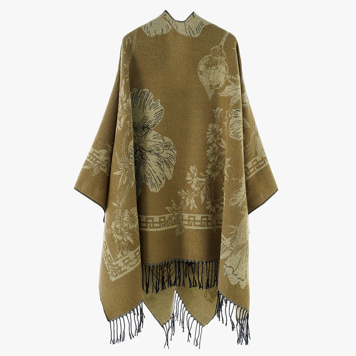 Damen Rechteckiger Jacquard-Überwurf mit floralem Allovermotiv und Fransensaum – Avérine