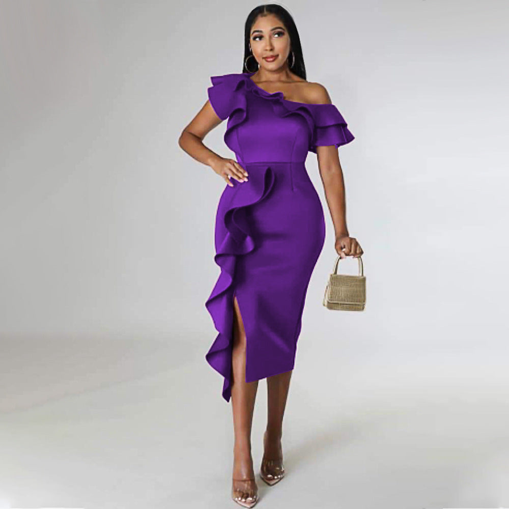 Damen Elegantes Etuikleid mit asymmetrischem Rüschendesign Echo Archiv