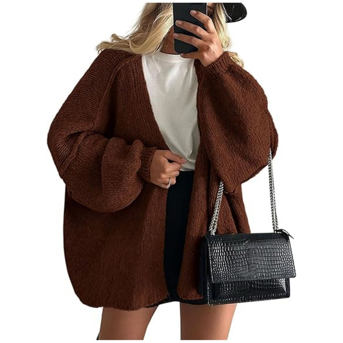 Damen Oversize Strickcardigan mit Ballonärmeln und offener Front – Veloura