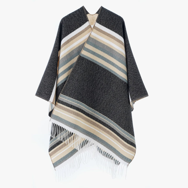 Damen Gestreifter Wollmix-Poncho mit Fransensaum – Avérine