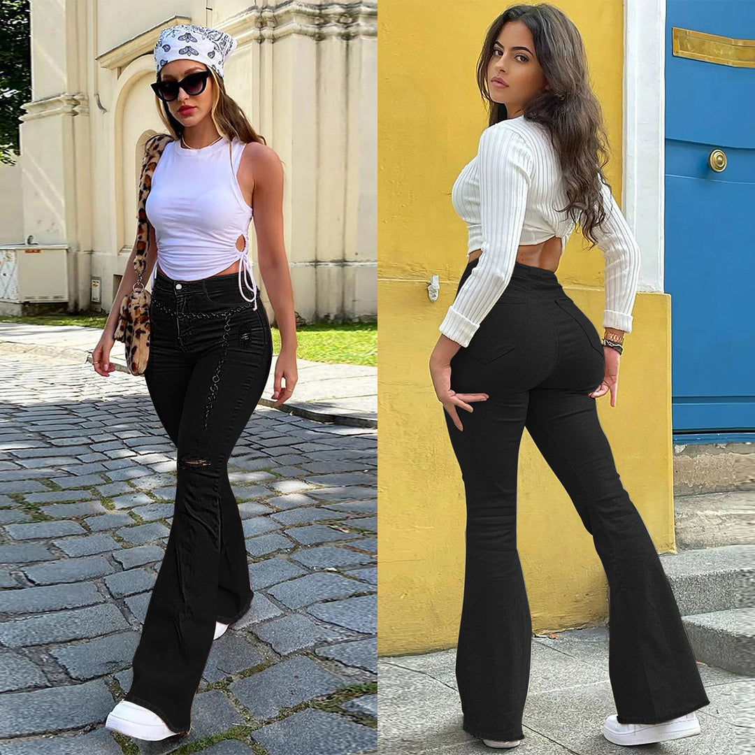Damen Schmal geschnittene Schlagjeans mit knieoffenen Cutouts und formendem Komfortbund Echo Archiv