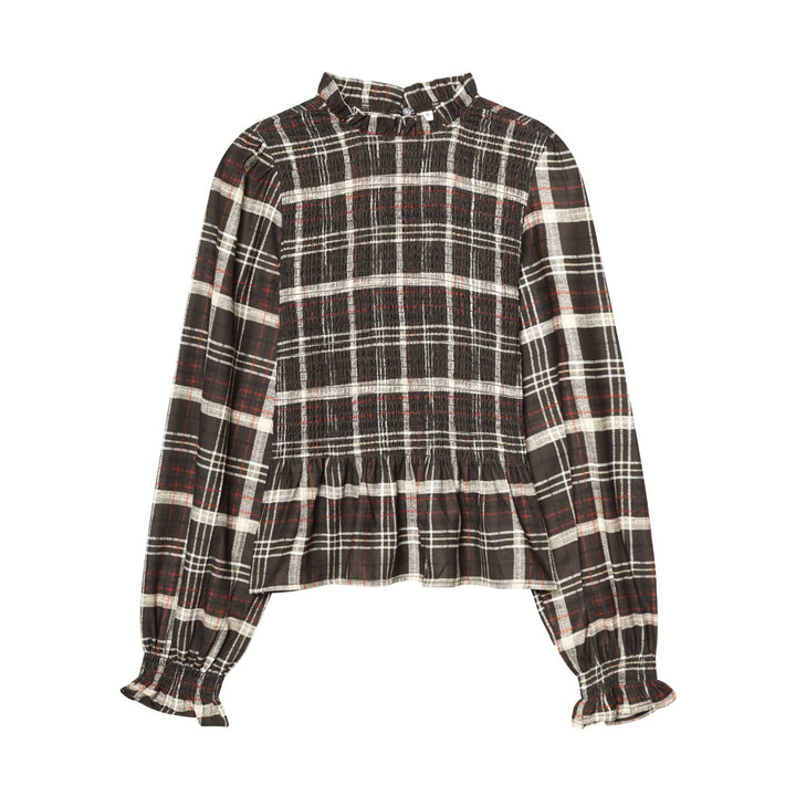 Damen Bluse mit Smok-Detail, Rüschenkragen und Volumenärmeln Echoarchiv