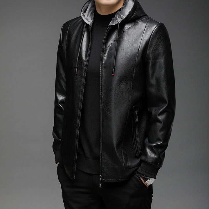 Herren Lederimitat-Hoodiejacke mit Kapuze, Reißverschluss und schmaler Silhouette Echo Archiv