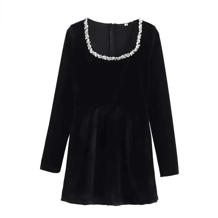 Damen Samt‑Minikleid mit quadratischem Ausschnitt, Perlenblütenbesatz und A‑Linien‑Silhouette Echo Archiv