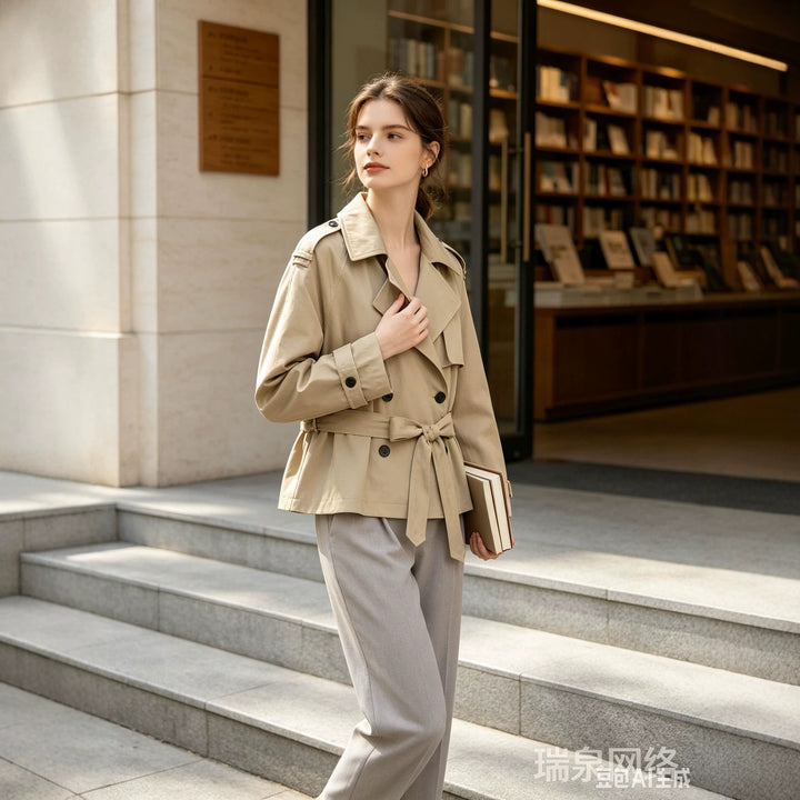 Damen Cropped-Trenchcoat mit Taillengürtel und weitem Ärmel Echoarchiv