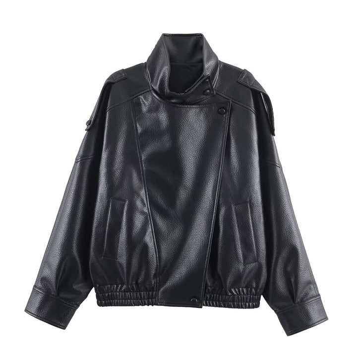 Damen nan oversized Bikerjacke Kunstlederoptik mit hohem Stehkragen, asymmetrischer Druckknopffront, Schulterriegeln und elastischem Saum Echo Archiv