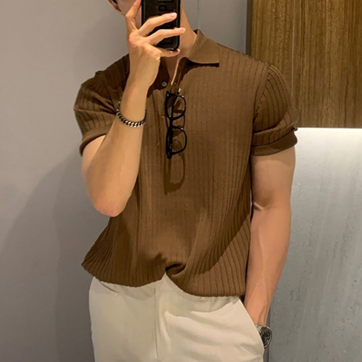 Herren nan schmal geschnittenes geripptes Poloshirt aus Feinstrick mit Kurzarm und Polokragen Echo Archiv
