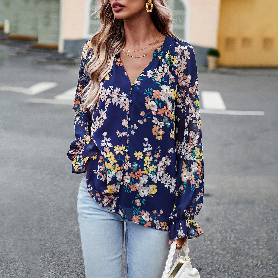 Damen nan Chiffon-Bluse mit floralem Alloverprint, V-Ausschnitt, Knopfleiste und gebundenen Manschetten Echo Archiv