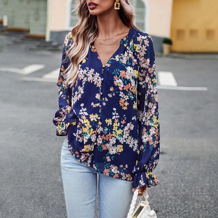 Damen nan Chiffon-Bluse mit floralem Alloverprint, V-Ausschnitt, Knopfleiste und gebundenen Manschetten Echo Archiv