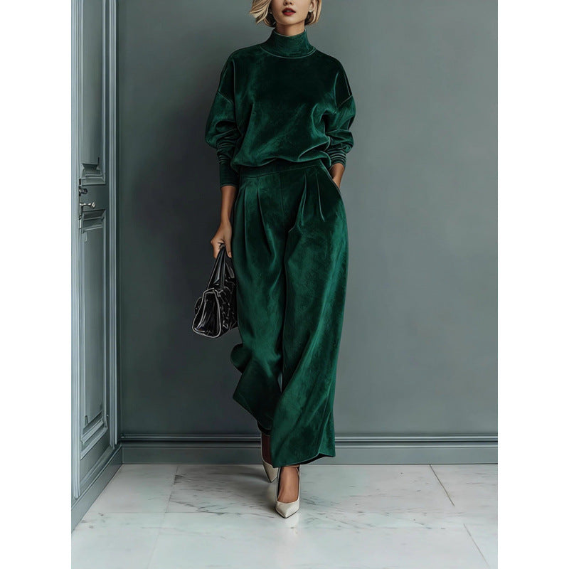 Damen Zweiteiliges Samt-Loungewear-Set mit Stehkragen und Plissee-Palazzohose – Élanora