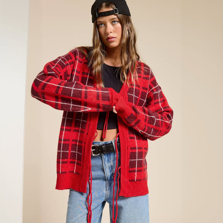 Damen Oversize Karierter Strickcardigan mit Bindegürtel & aufgesetzten Taschen Echoarchiv