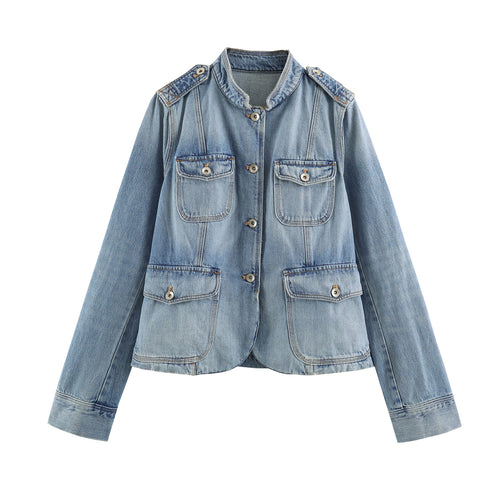 Damen nan leichte Denimjacke mit Stehkragen Schulterklappen und vier Pattentaschen Echo Archiv