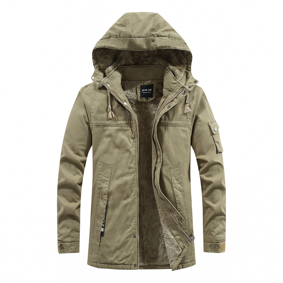 Herren langer Parka mit durchgehendem Kunstfellinnenfutter, Kapuze und Multifunktionstaschen – Montevé