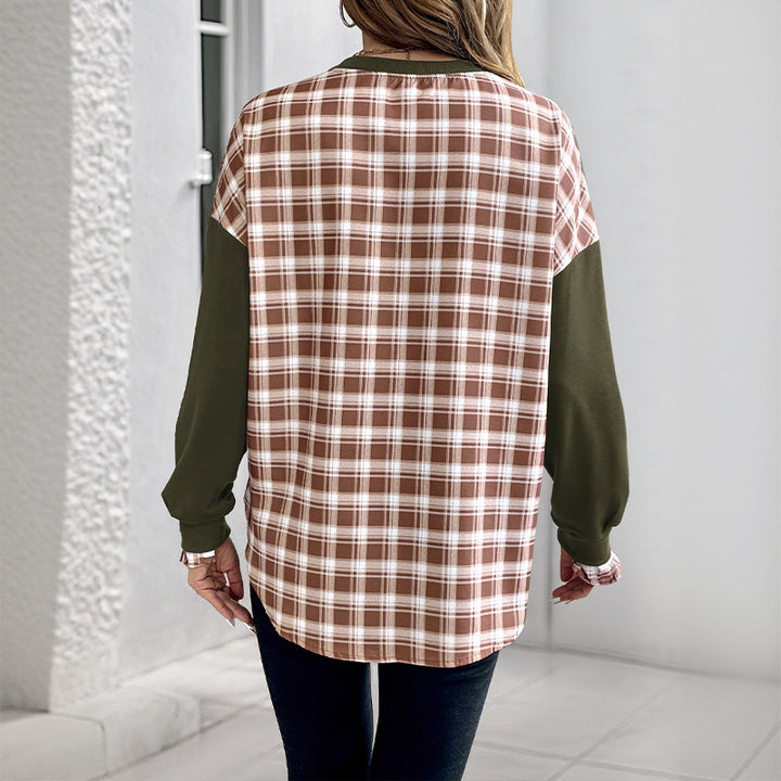 Damen Lässiges Rundhals-Sweatshirt mit Karomuster‑Einsätzen und gerafften Manschetten Echoarchiv