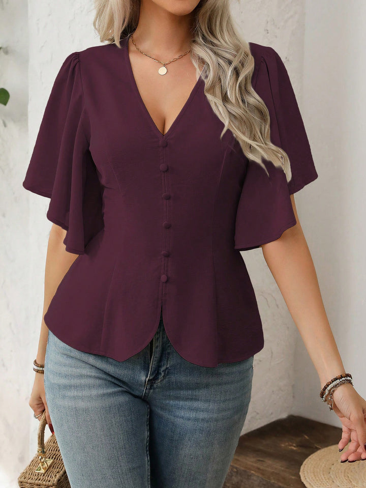 Damen V-Ausschnitt taillierte Bluse mit Schößchen und Volantärmeln – Élovi