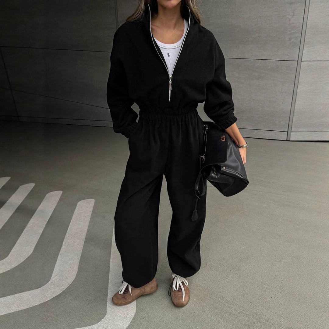 Damen Lässiger Fleece-Hausanzug mit Zip-Kapuze und elastischem Taillenbund – Avérine