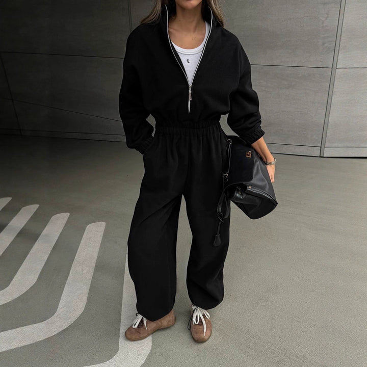 Damen Lässiger Fleece-Hausanzug mit Zip-Kapuze und elastischem Taillenbund – Avérine