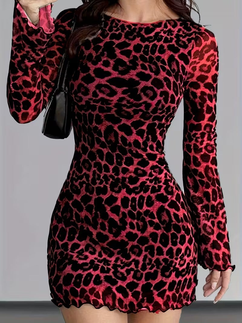 Damen nan figurbetontes Mesh-Minikleid mit Leopardenmuster, langärmligem Bodycon-Schnitt und gewelltem Saum Echo Archiv