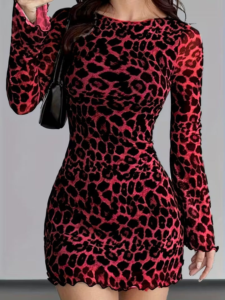 Damen nan figurbetontes Mesh-Minikleid mit Leopardenmuster, langärmligem Bodycon-Schnitt und gewelltem Saum Echo Archiv