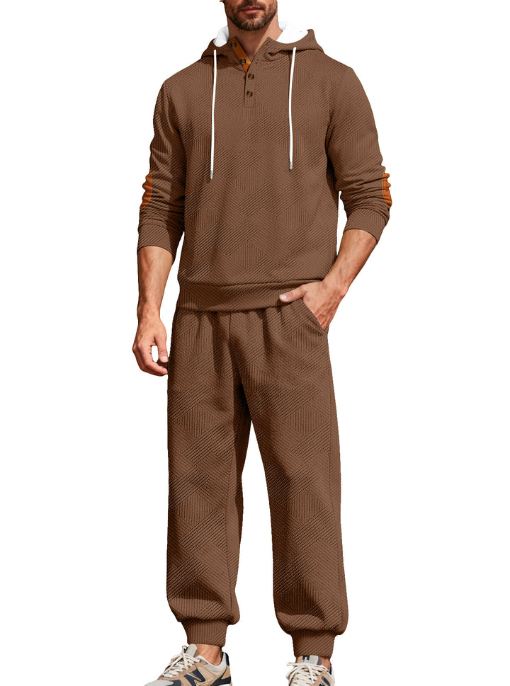 Herren nan strukturiertes Kapuzen-Joggingset mit Henley-Knopfleiste und Kontrast-Ellenbogenpatches Echo Archiv