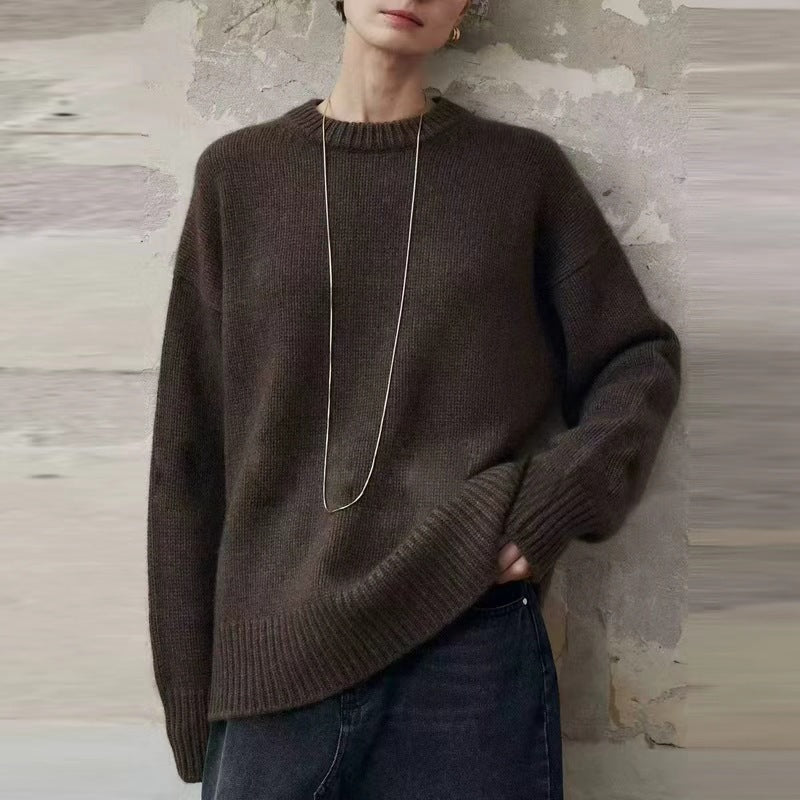 Damen Oversize-Feinstrickpullover mit Rundhals, fallender Schulter und geripptem Saum Echoarchiv