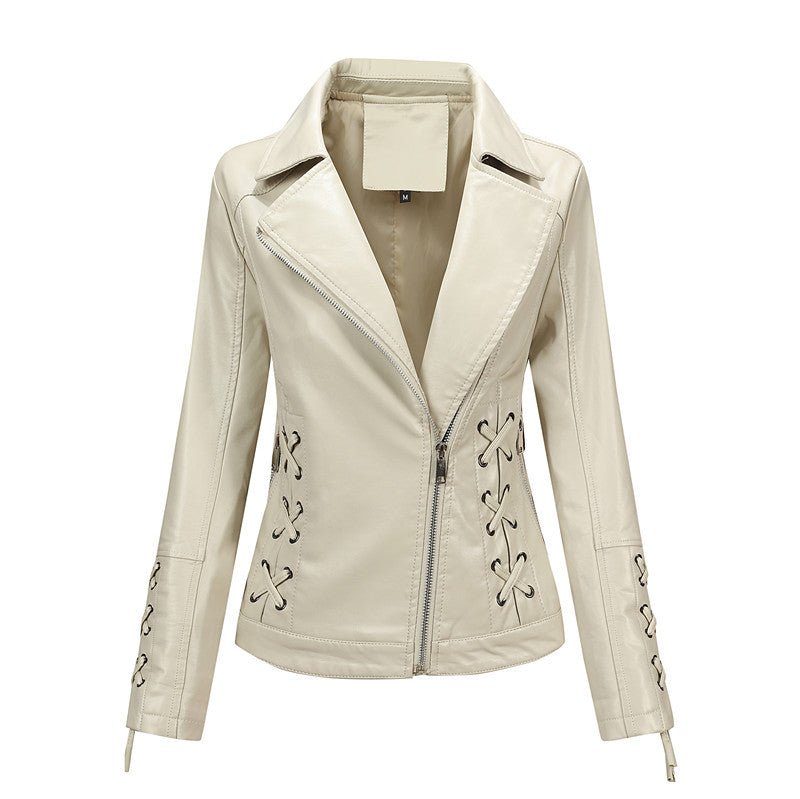 Damen Taillierte Bikerjacke aus Kunstleder mit seitlicher Schnürung und asymmetrischem Reißverschluss Echoarchiv