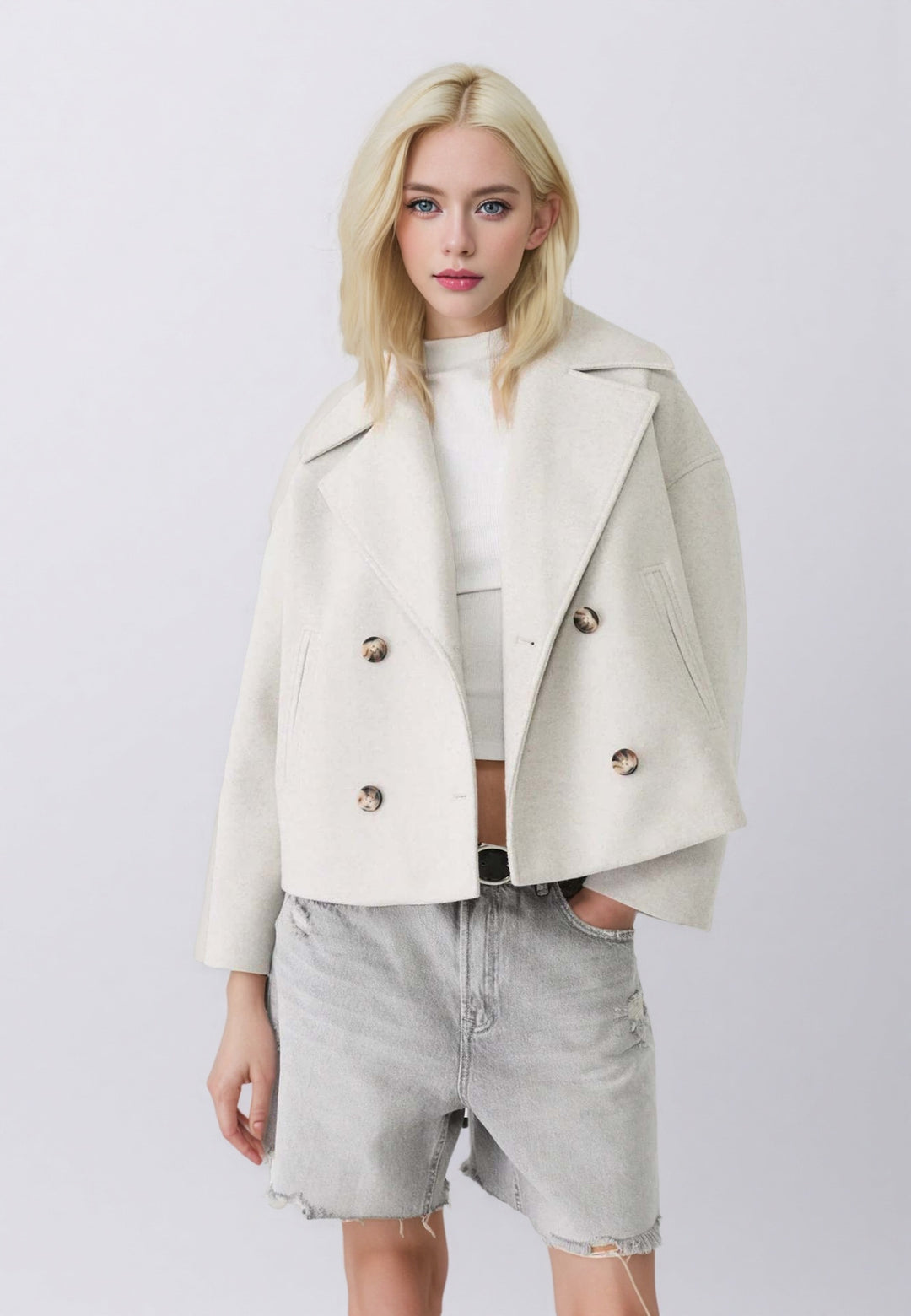 Damen nan kurzes doppeltreihiges Wollmix-Manteljacke im Boxy-Cut mit weitem Reverskragen Echo Archiv