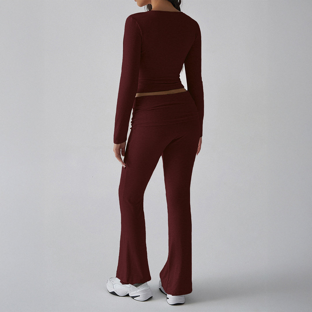 Damen figurbetontes Cropped-Set mit langärmeligem Top mit quadratischem Ausschnitt und ausgestellter High‑Waist Yoga-Hose – Avérine