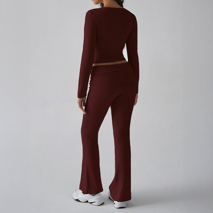 Damen figurbetontes Cropped-Set mit langärmeligem Top mit quadratischem Ausschnitt und ausgestellter High‑Waist Yoga-Hose – Avérine