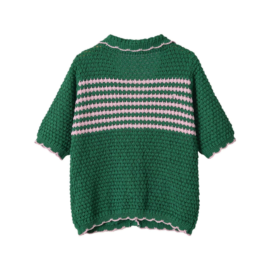Damen Kurze gehäkelte Strickjacke mit Rüschenkragen und Kontraststreifen Echo Archiv