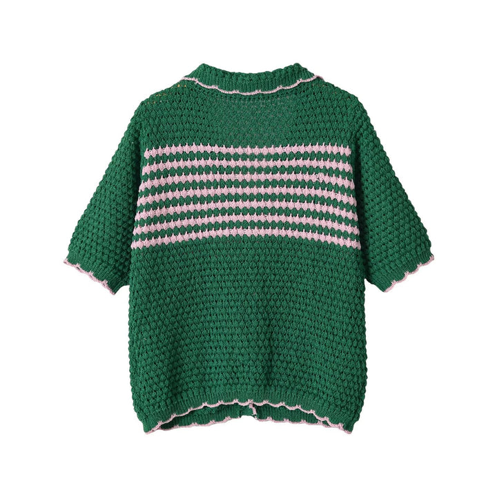 Damen Kurze gehäkelte Strickjacke mit Rüschenkragen und Kontraststreifen Echo Archiv