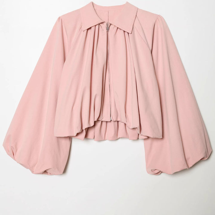 Damen taillierte Cape-Jacke mit geraffter Vorderpartie, Reißverschluss und ballonförmigen Ärmeln – Célinea