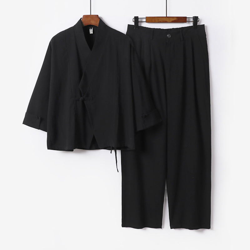 Herren Modernes Zen-Loungewear-Set aus Leichtem Material mit Kurz-Kimono und tailliert-zulaufender Bundhose Echoarchiv