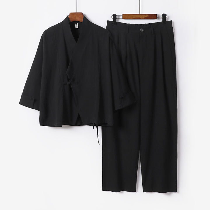 Herren Modernes Zen-Loungewear-Set aus Leichtem Material mit Kurz-Kimono und tailliert-zulaufender Bundhose Echoarchiv