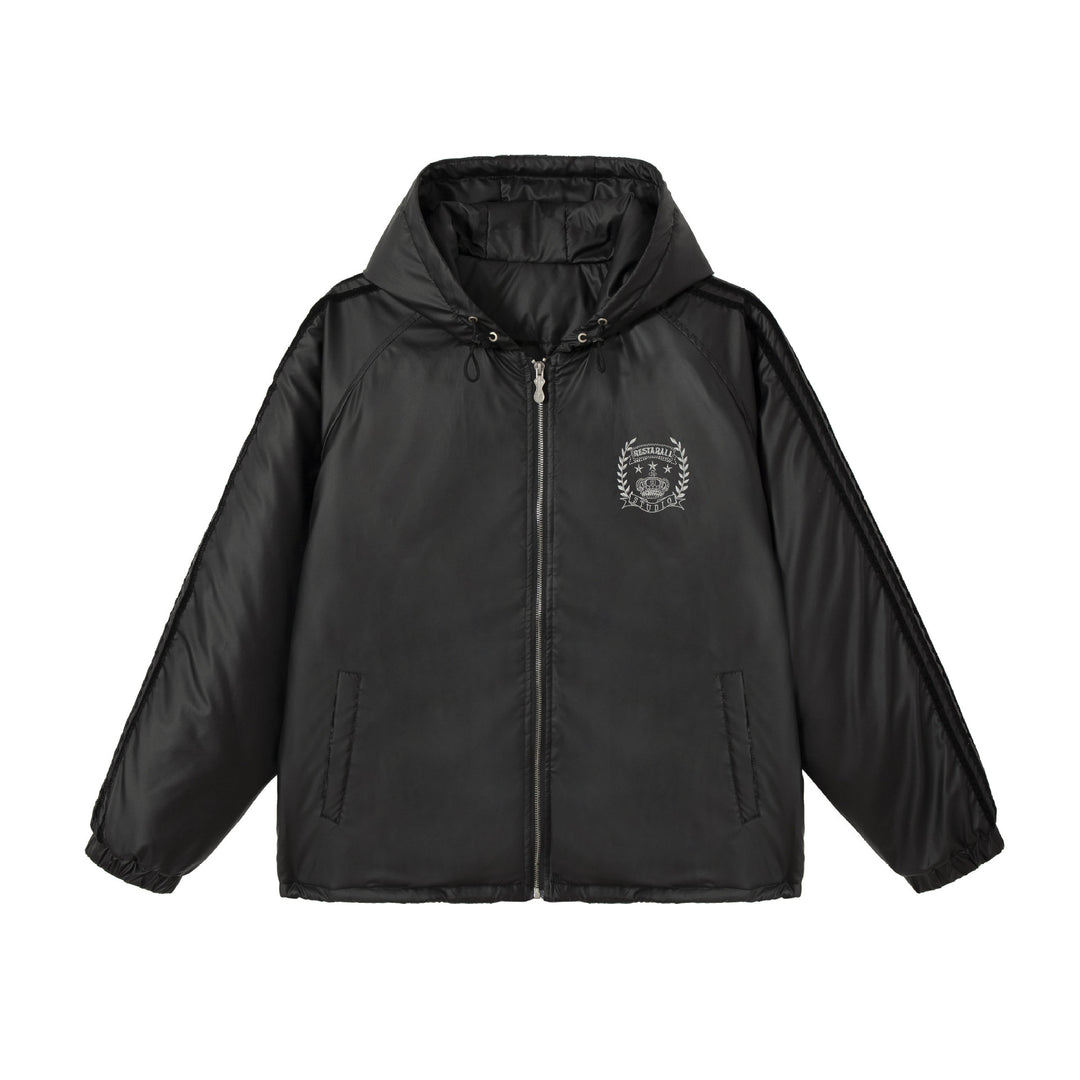 Unisex Boxy‑wattierte Kapuzenjacke mit gesticktem Wappen Echoarchiv