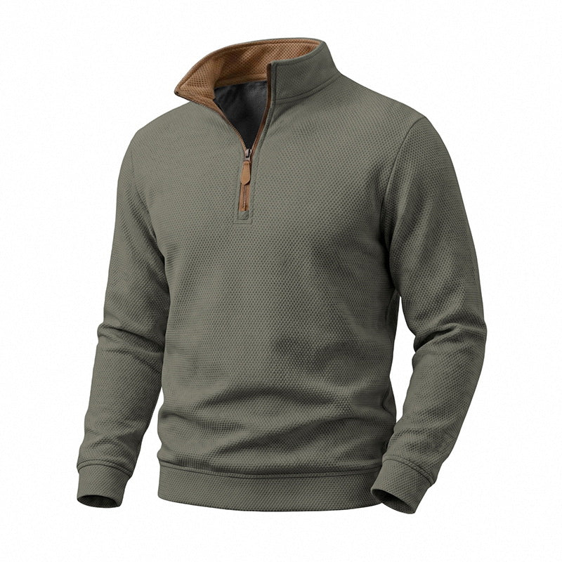 Herren Waffelstruktur-Halbzip-Sweatshirt mit Stehkragen, Kontrastfutter und Lederzipper Echoarchiv