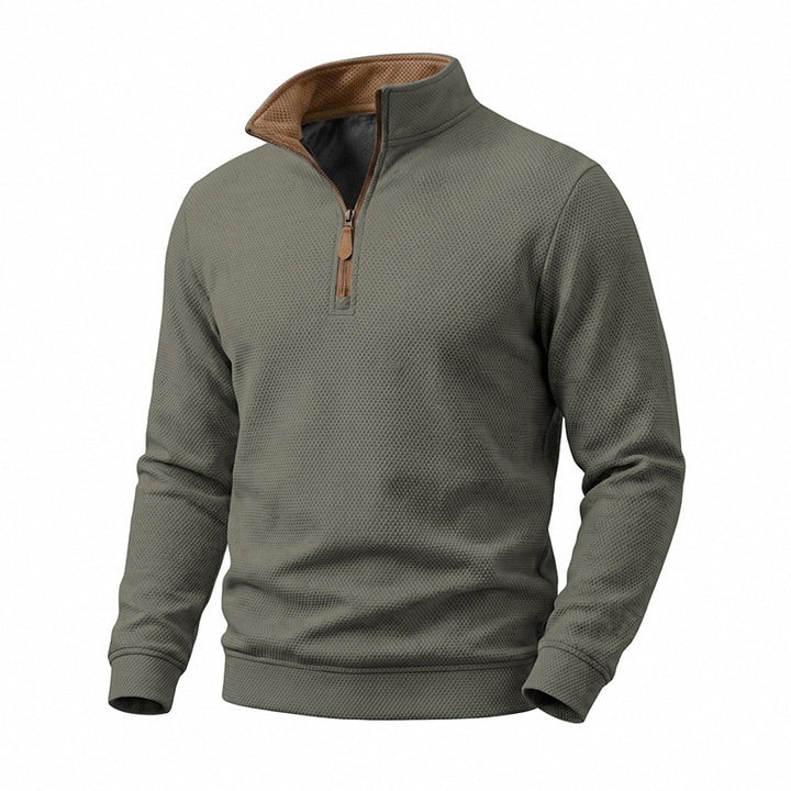 Herren Waffelstruktur-Halbzip-Sweatshirt mit Stehkragen, Kontrastfutter und Lederzipper Echoarchiv
