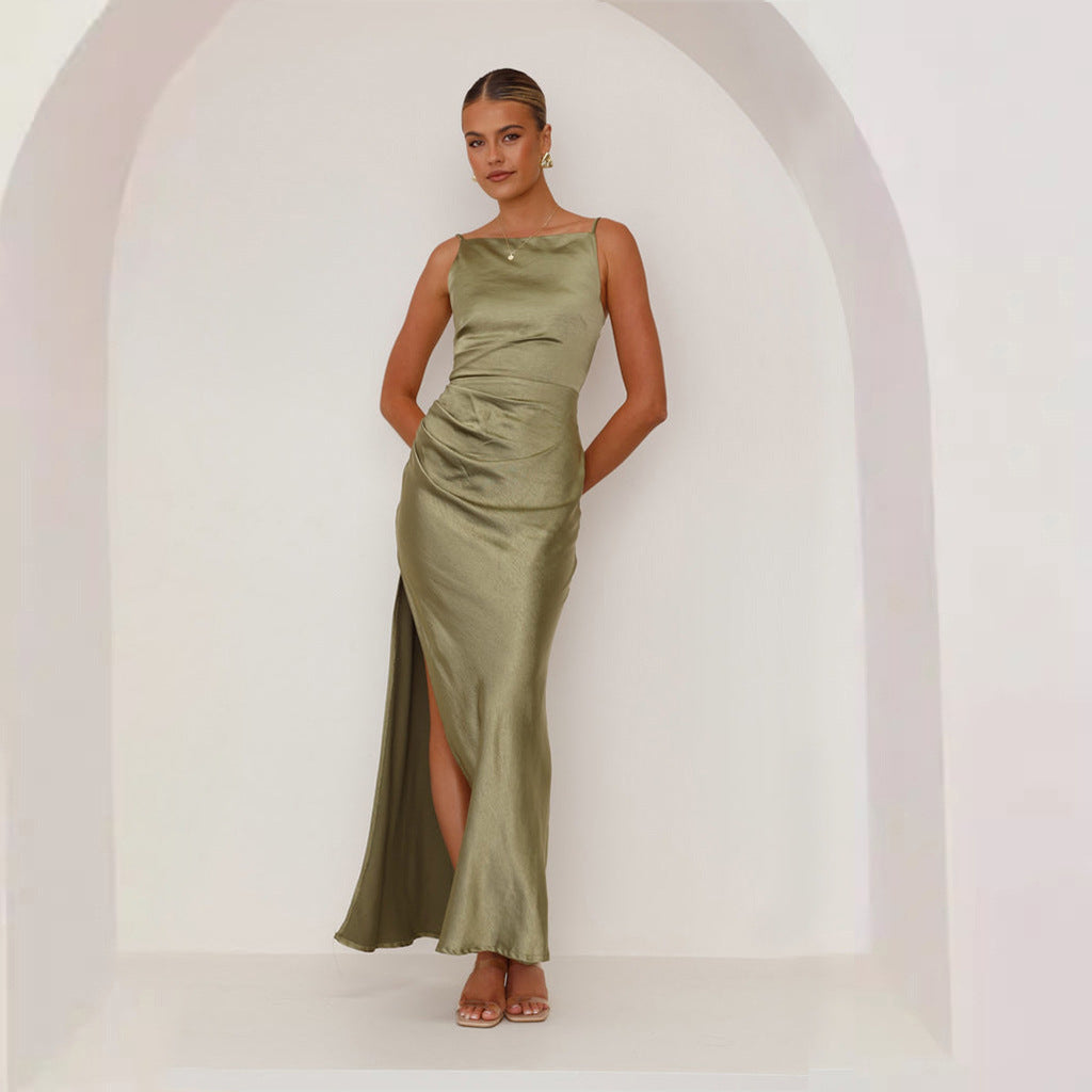 Damen schickes Maxikleid mit elegantem Schlitz und luxuriösem Satin-Finish Echoarchiv