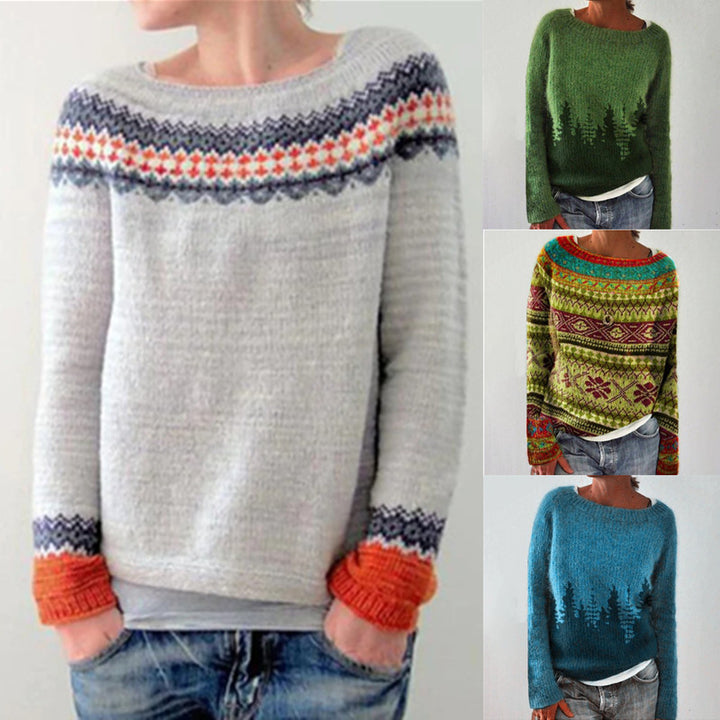 Damen nan gemusterter Norwegerstrickpullover mit weitem Rundhalsausschnitt und lässigem Oversize-Schnitt Echo Archiv