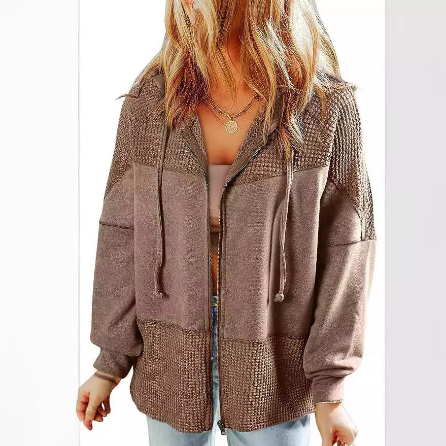 Damen Lässige Oversize-Kapuzenjacke mit Strukturstrick-Einsätzen und Reißverschluss Echoarchiv