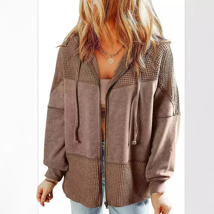 Damen Lässige Oversize-Kapuzenjacke mit Strukturstrick-Einsätzen und Reißverschluss Echoarchiv